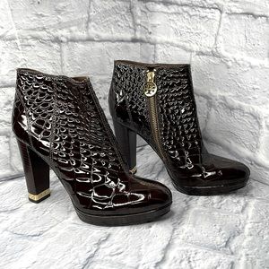 Tory Burch Brown Embossed Tortoise Croc Gold Zipper Logo Block Heel Ankle Boots